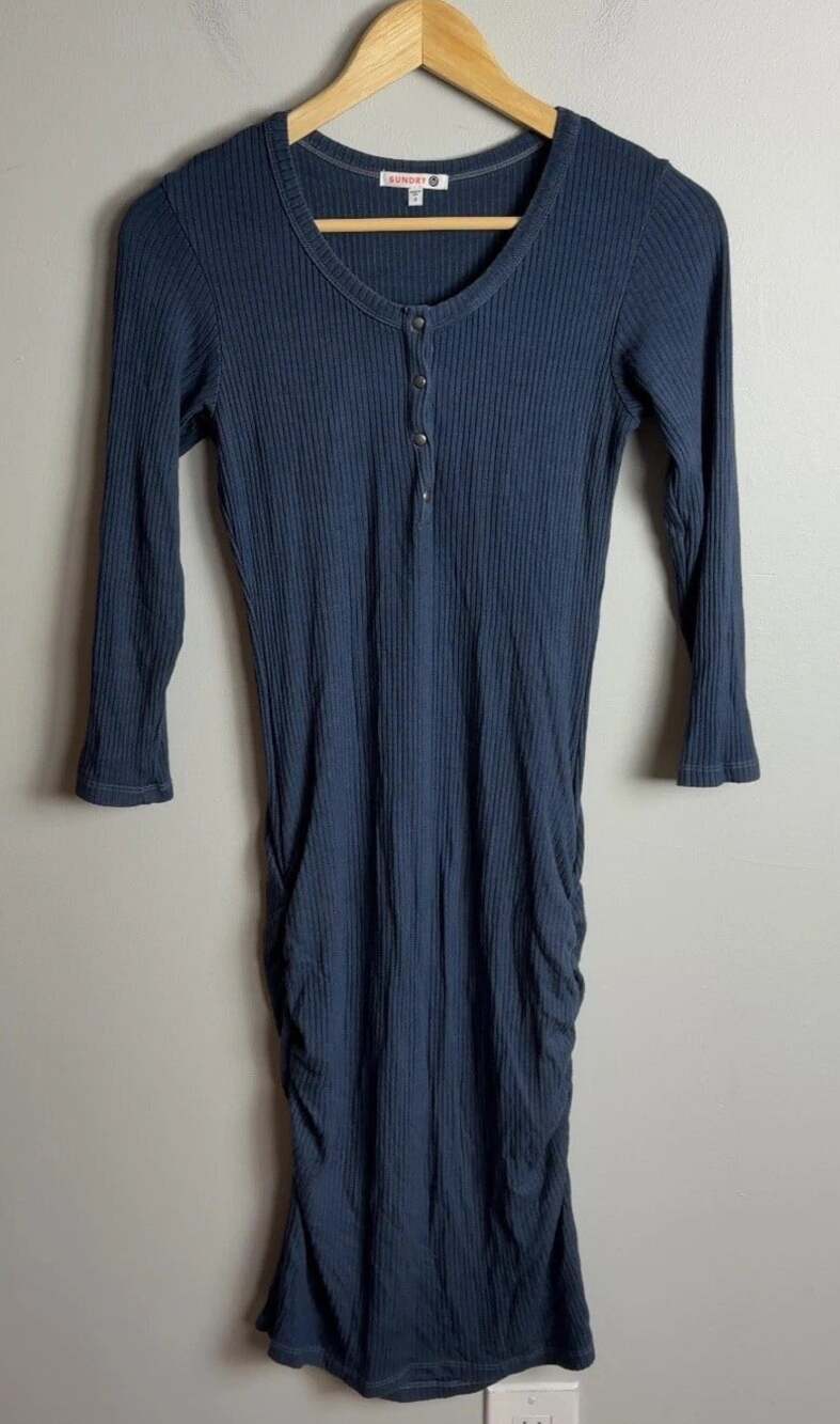 Sundry Ribbed Henley Dress Navy Long Sleeve Ruched Sides Size 2 Women’s